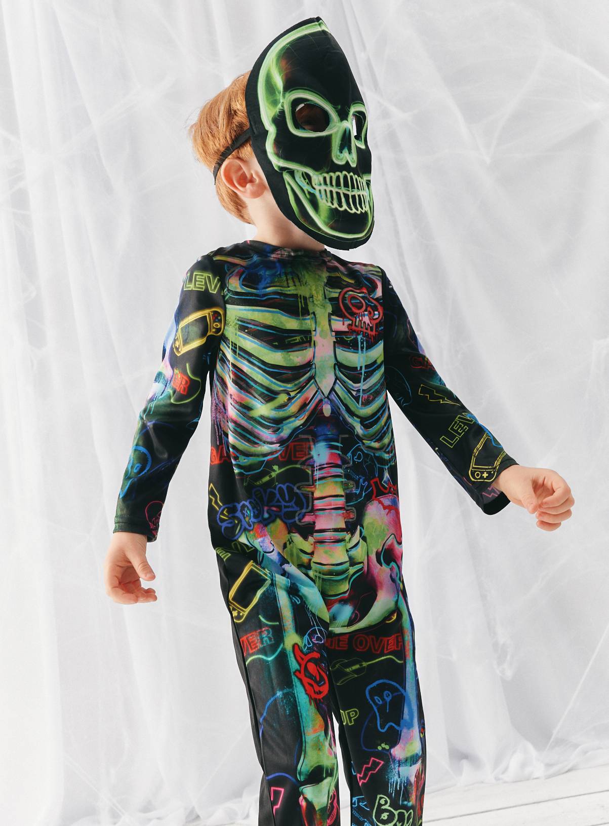 Neon Skeleton All-in-One Fancy Dress Costume 5-6 years - Image 1